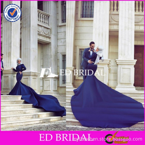 CE1145 Long Sleeve Cathedral Train Royal Blue Satin Mermaid Muslim Wedding Dress